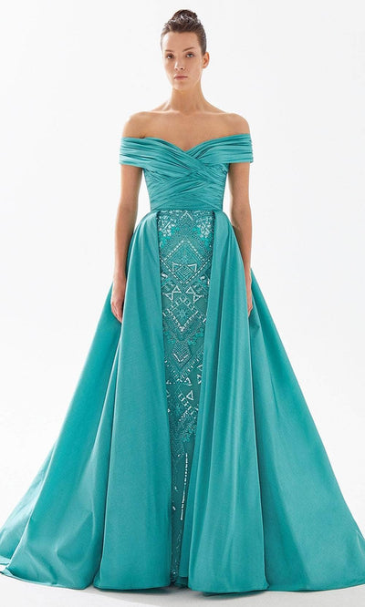 Tarik Ediz 98333 - Beaded Off-Shoulder Evening Gown Evening Dresses 00 / Nile Green