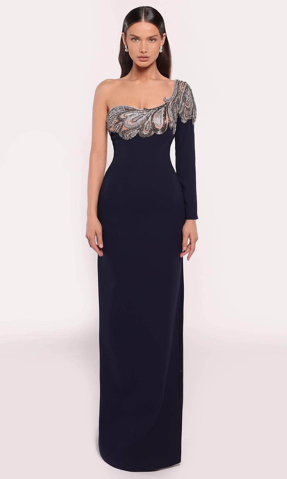 Tarik Ediz 98712 - Beaded One Shoulder Gown Prom Gown 0 /  Navy