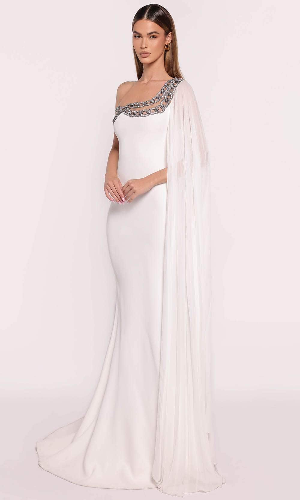 Tarik Ediz 98713 - Cape Sleeve Chain Evening Gown Evening Gown 0 /  Ivory