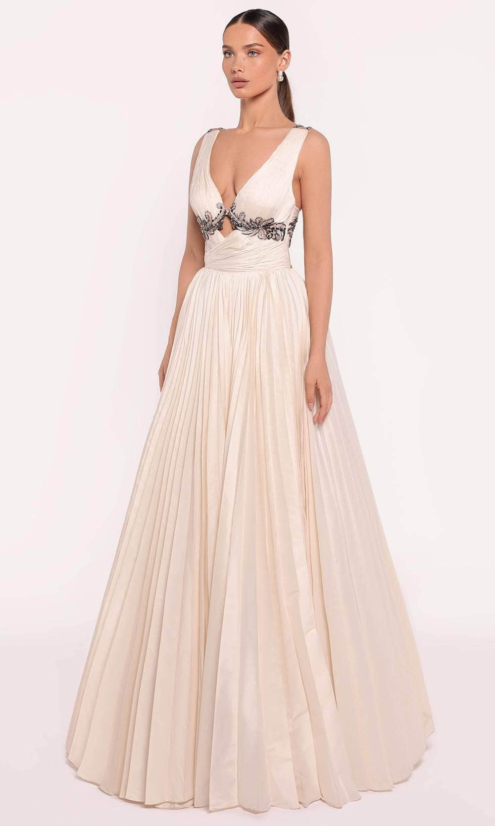 Tarik Ediz 98715 - Shirred V-Neck Evening Gown Ball Gowns 0 /  Vanilla