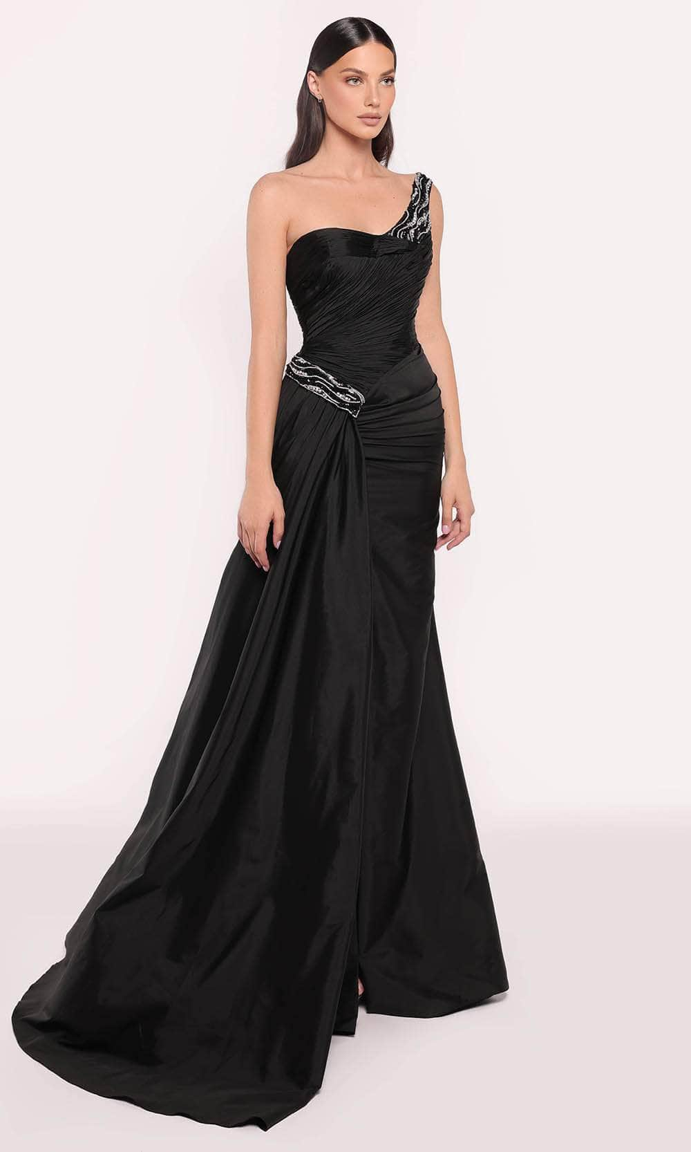 Tarik Ediz 98742 - Beaded One Shoulder Evening Gown Prom Dresses 0 / Black