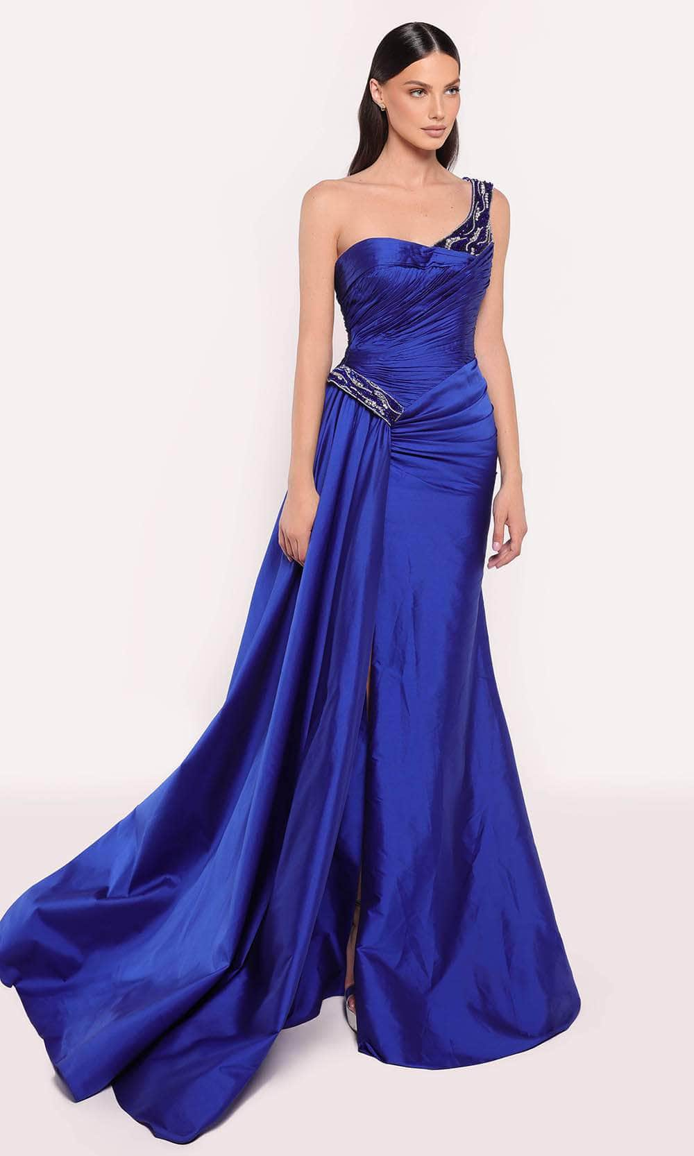 Tarik Ediz 98742 - Shirred One Shoulder Evening Gown Prom Dresses 0 /  Royal Blue