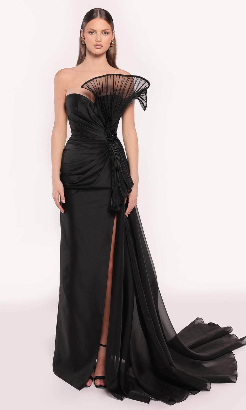 Tarik Ediz 98752 - Long Tafetta Sheath Dress - Strapless, Sheer Fan Overlay, Gathered Waist Detail, Beadwork, High Slit, Sweep Train ADASA Tarik Ediz 98752 - Long Tafetta Sheath Dress - Strapless, Sheer Fan Overlay, Gathered Waist Detail, Beadwork, High Slit, Sweep Train ADASA