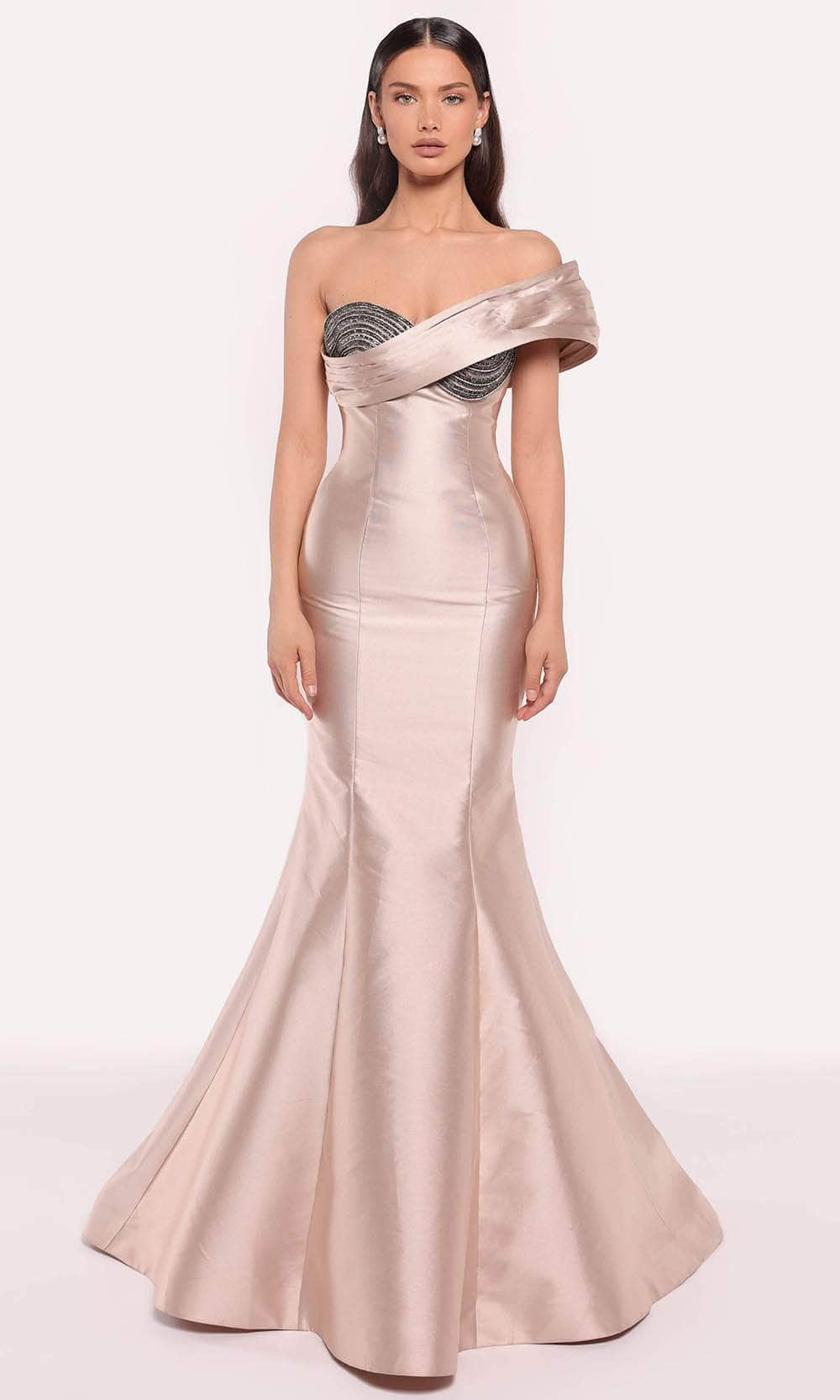 Tarik Ediz 98766 - Asymmetrical Neck Evening Gown Evening Dresses 0 /  Vanilla