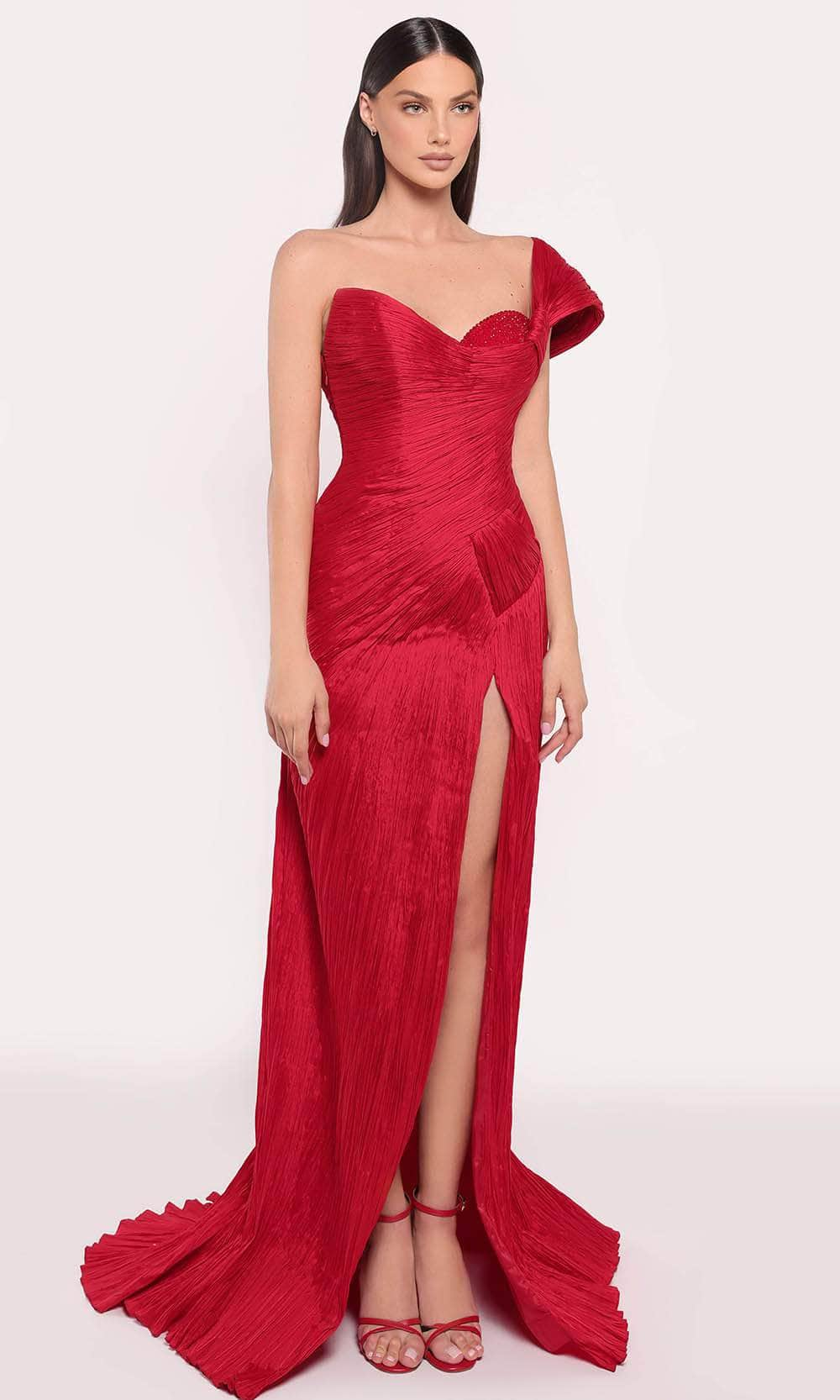 Tarik Ediz 98767 - One Shoulder Shirred Gown Evening Dresses 0 /  Red