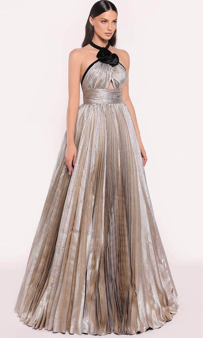 Tarik Ediz 98808 - Metallic Pleated Evening Gown Evening Gown 0 /  Gold/Black