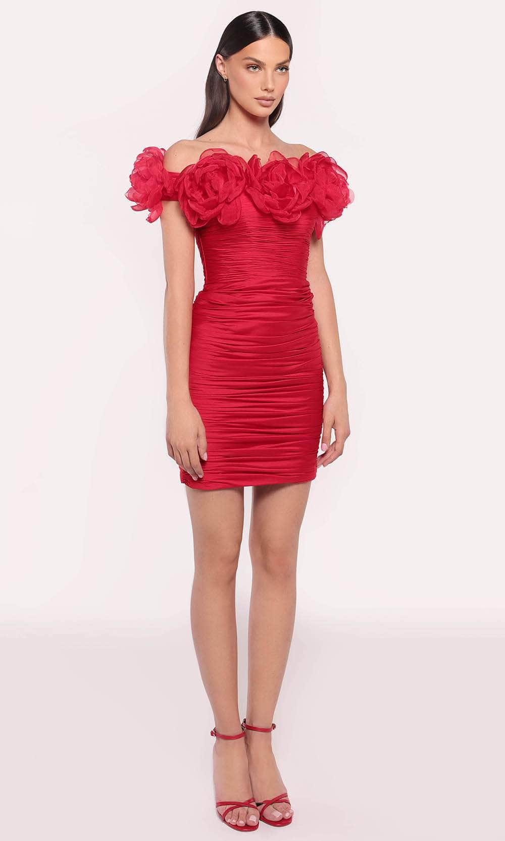 Tarik Ediz 98814 - Shirred Applique Dress Cocktail Dresses 0 /  Fire Red