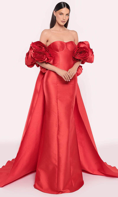 Tarik Ediz 98825 - Floral Detailed Cape Gown Prom Dresses 0 /  Red