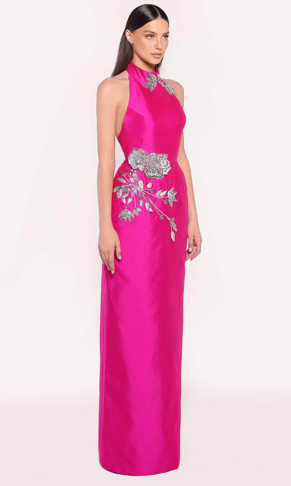 Tarik Ediz 98834 - Floral Beaded Halter Gown Evening Gown 0 /  Fuchsia