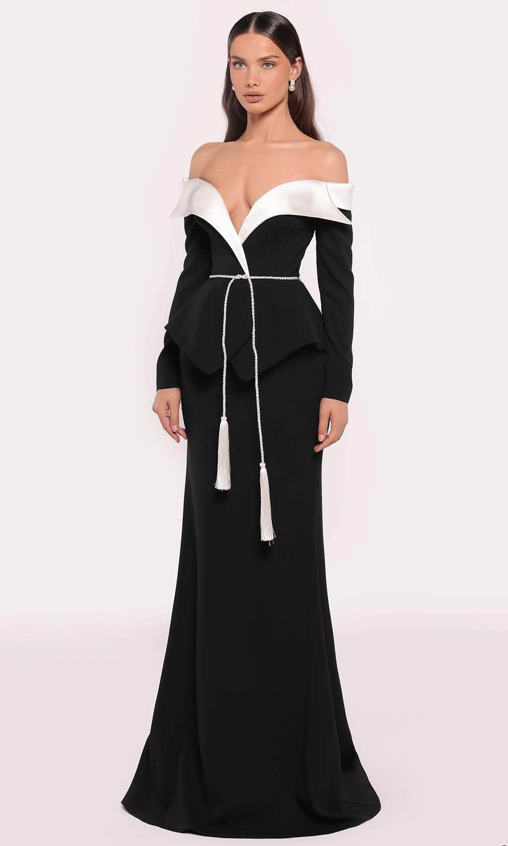 Tarik Ediz 98841 - Off Shoulder Foldover Gown Mother of the Bride Dresses 0 /  Black/Ivory