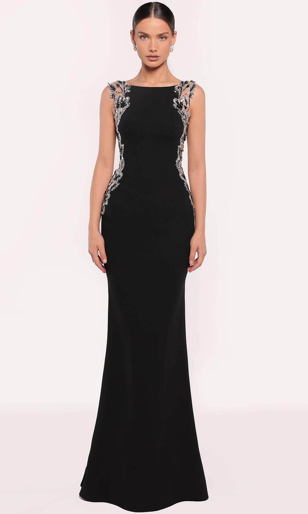 Tarik Ediz 98878 - Floral Embellished Back Gown Evening Gown 0 /  Black