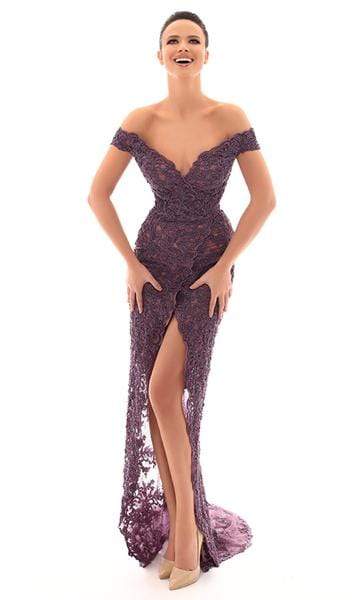 Tarik Ediz - Embroidered Plunging Off-Shoulder Sheath Dress 93632 CCSALE 6 / Lavender