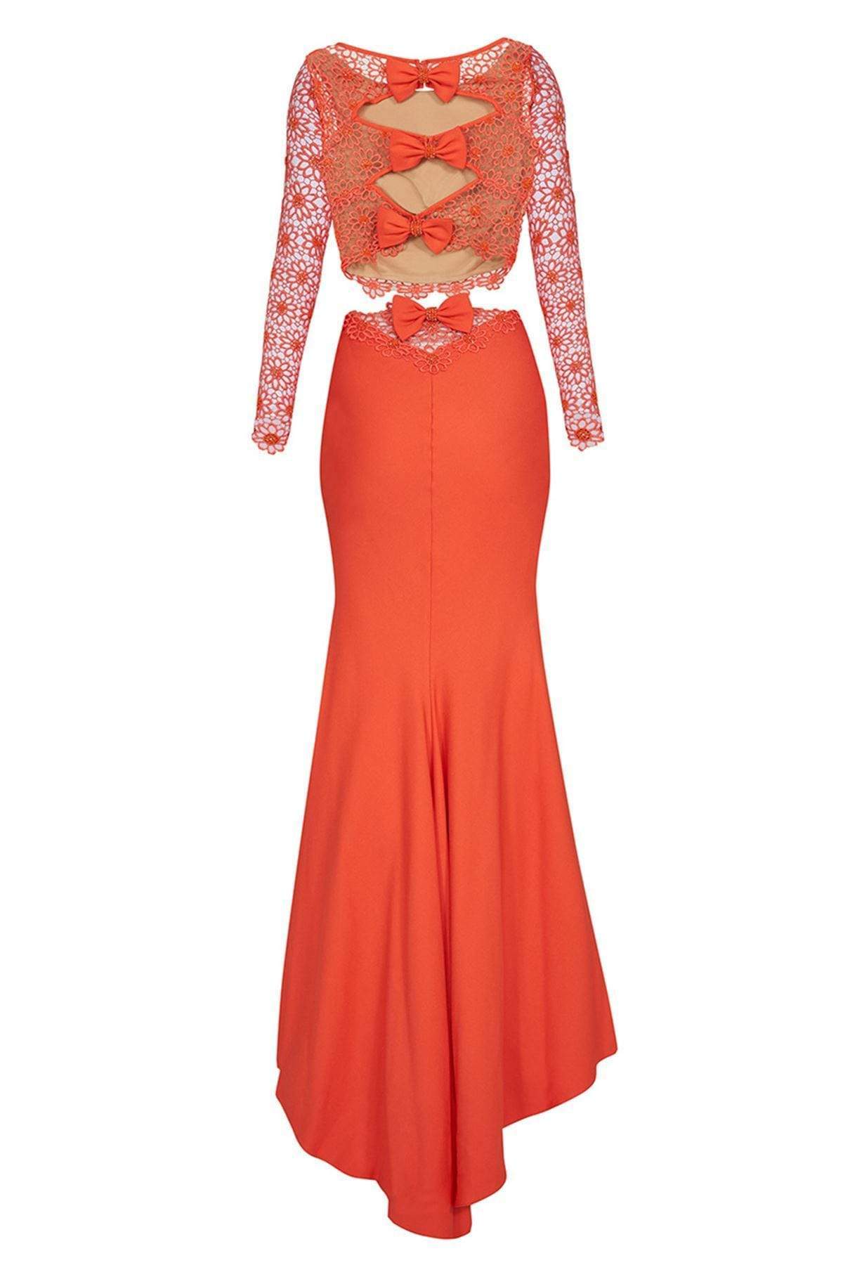 Tarik Ediz 92535 - Long Lace Trumpet Dress - Lace, Crepe, Two-Piece, Sheer Floral Sleeves, Scallop Edged Crop Top, Double Cutout Back Details, Bow Tarik Ediz 92535 - Long Lace Trumpet Dress - Lace, Crepe, Two-Piece, Sheer Floral Sleeves, Scallop Edged Crop Top, Double Cutout Back Details, Bow