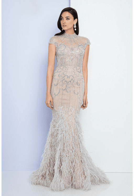 Terani Couture - 1721GL4446 Feathered High Neck Mermaid Dress Special Occasion Dress 0 / Silver