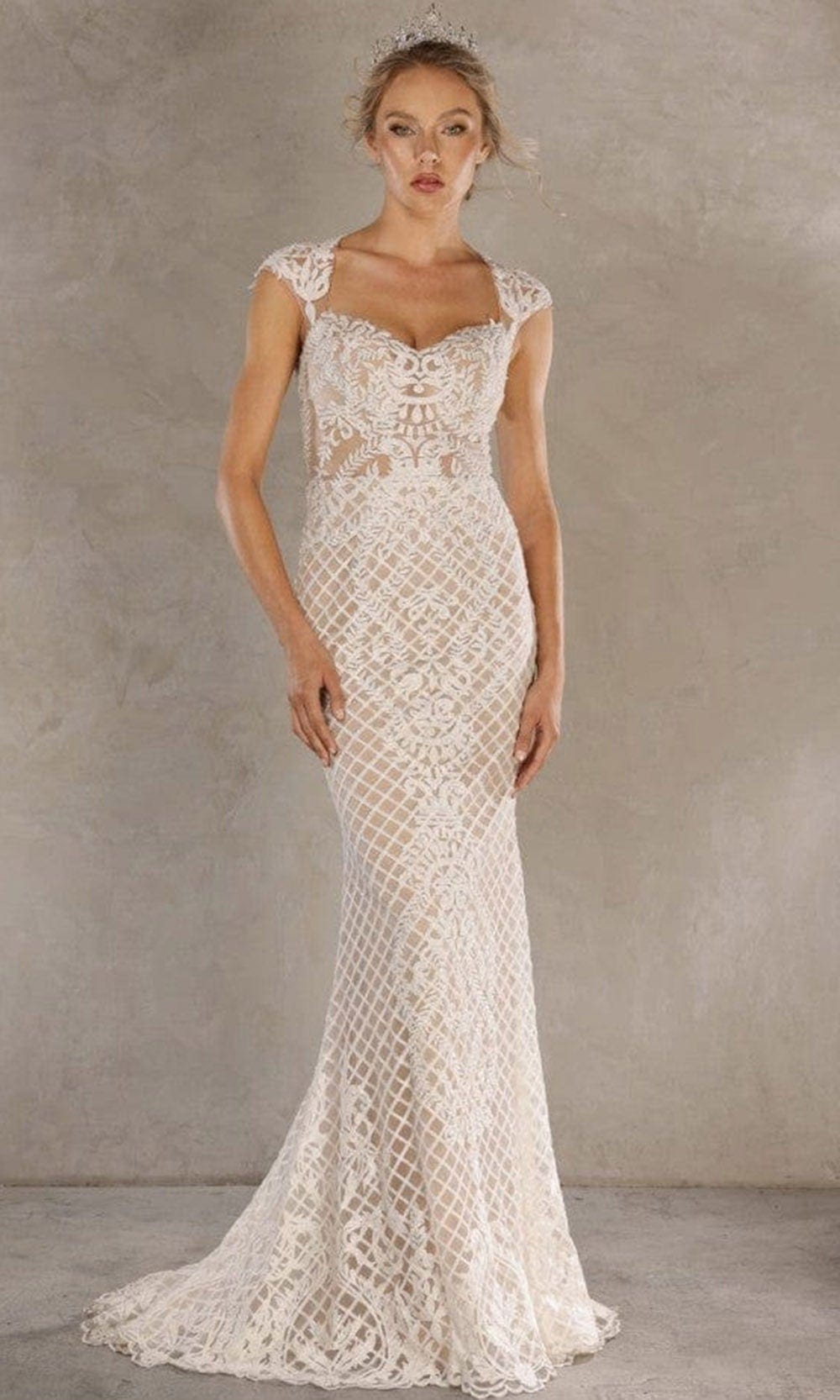 Terani Couture - 1811GL6477 Cap Sleeve Embroidered Gown Special Occasion Dress 00 / Ivory Nude