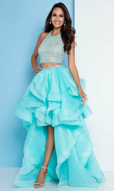 Terani Couture - 1811P5703 Two Piece Embellished High Low Dress Prom Dresses 00 / Aqua Nude