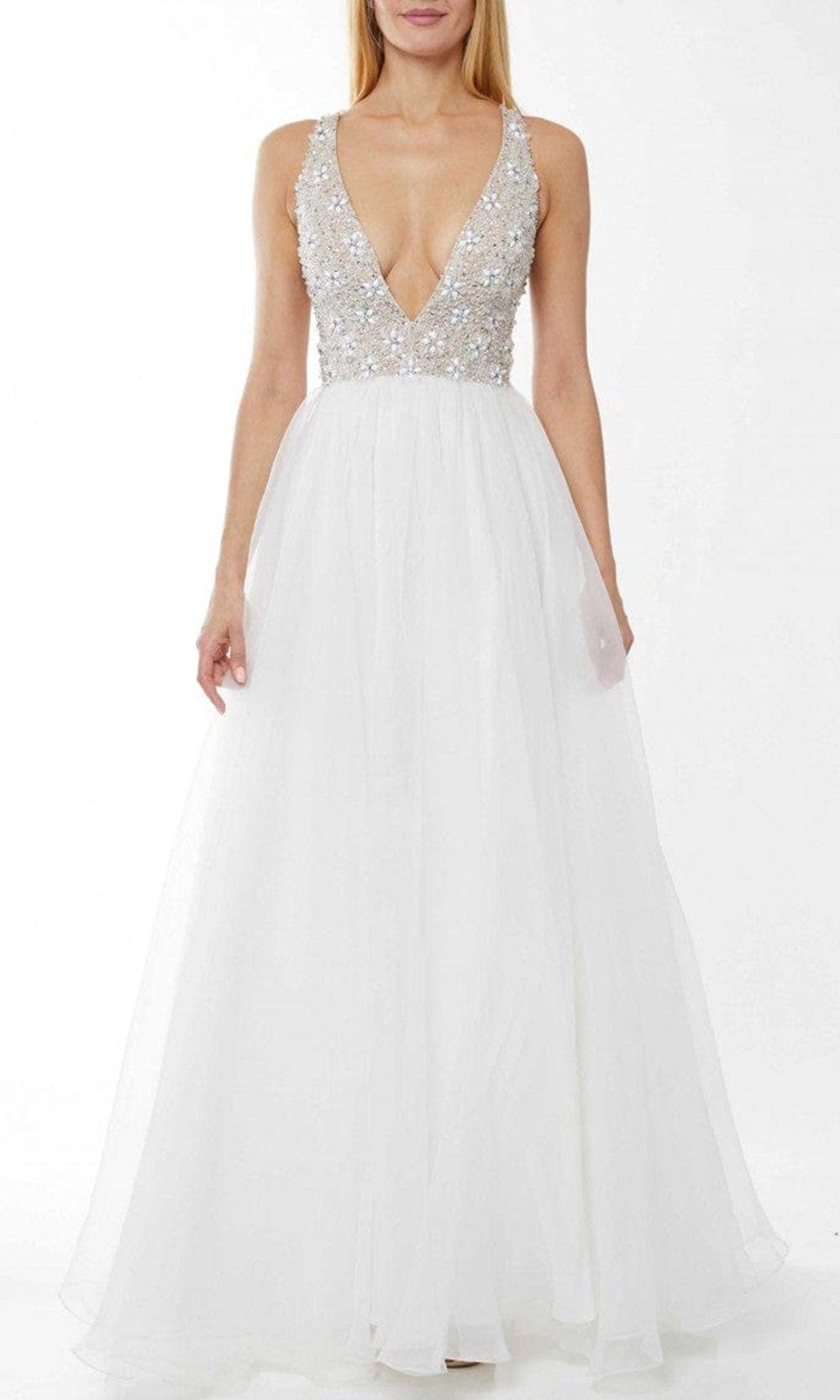 Terani Couture - 1811P5733 Beaded V-Neck A-Line Gown Special Occasion Dress 00 / White Nude