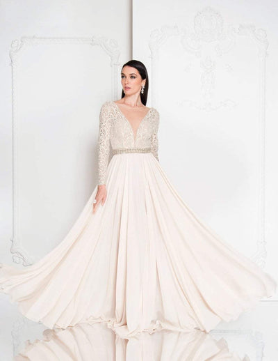 Terani Couture - 1812M6650 Lace Long Sleeved A-line Gown Special Occasion Dress 00 / Lt Champagne
