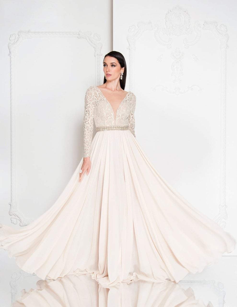 Terani Couture - 1812M6650 Lace Long Sleeved A-line Gown Special Occasion Dress 00 / Lt Champagne