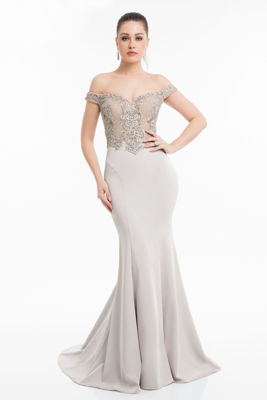 Terani Couture - 1821E7130 Two-Toned Embroidered Bodice Mermaid Gown Special Occasion Dress 0 / Putty