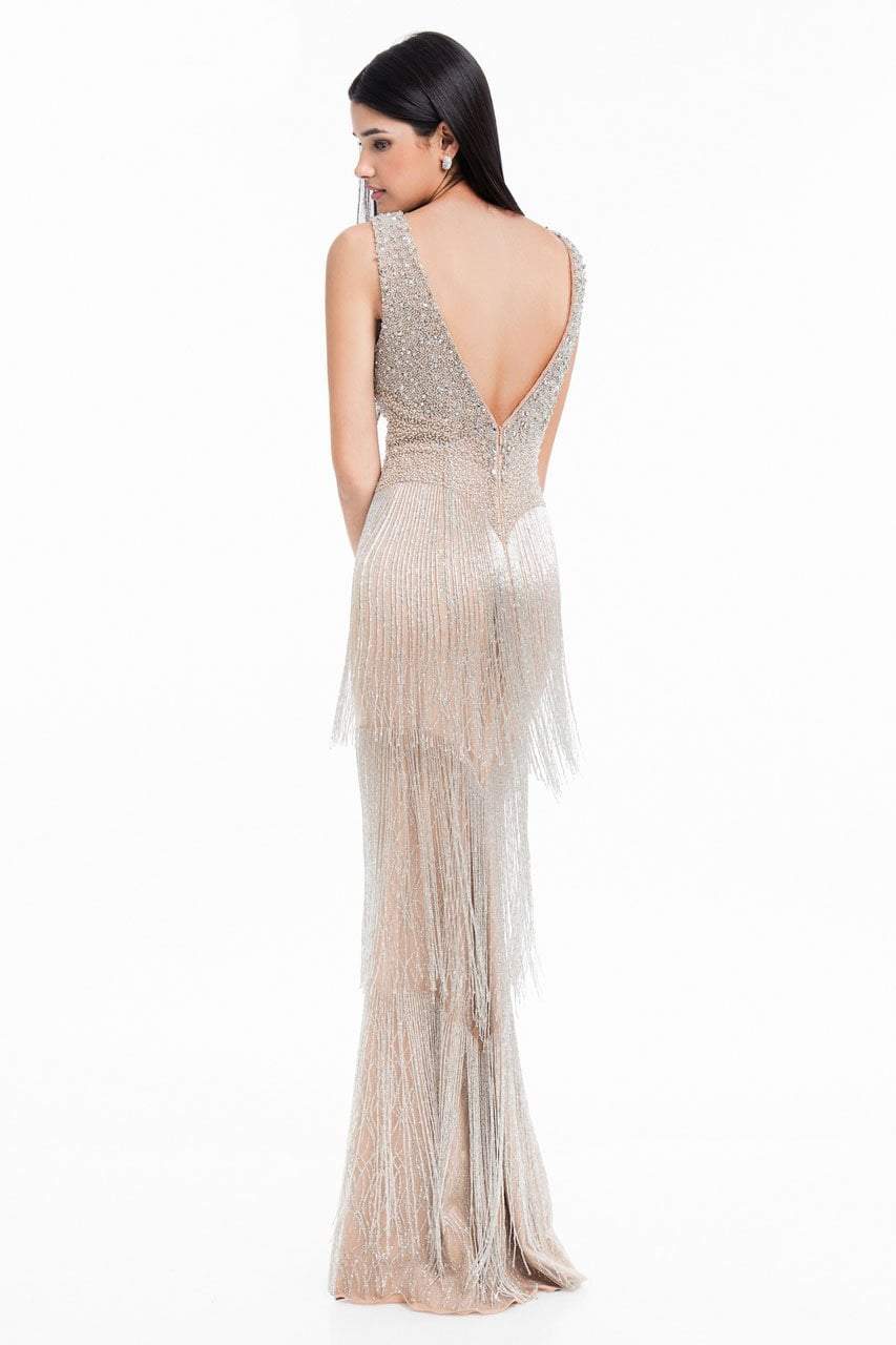 Terani Couture - 1821GL7401 Beaded Fringe Deep V-neck Sheath Dress Special Occasion Dress