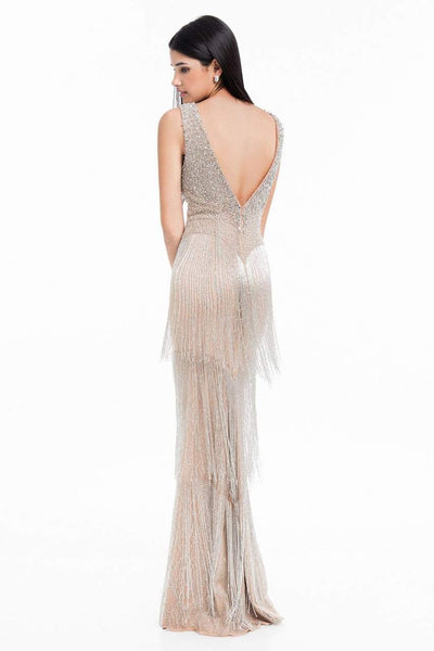 Terani Couture - 1821GL7401 Beaded Fringe Deep V-neck Sheath Dress Special Occasion Dress