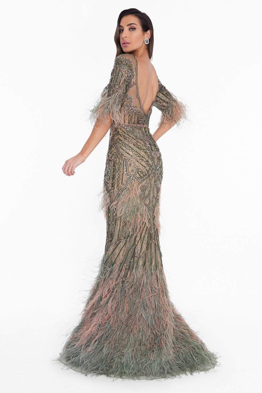 Terani Couture - 1821GL7412 Feather Ornate Illusion Scoop Beaded Gown Special Occasion Dress