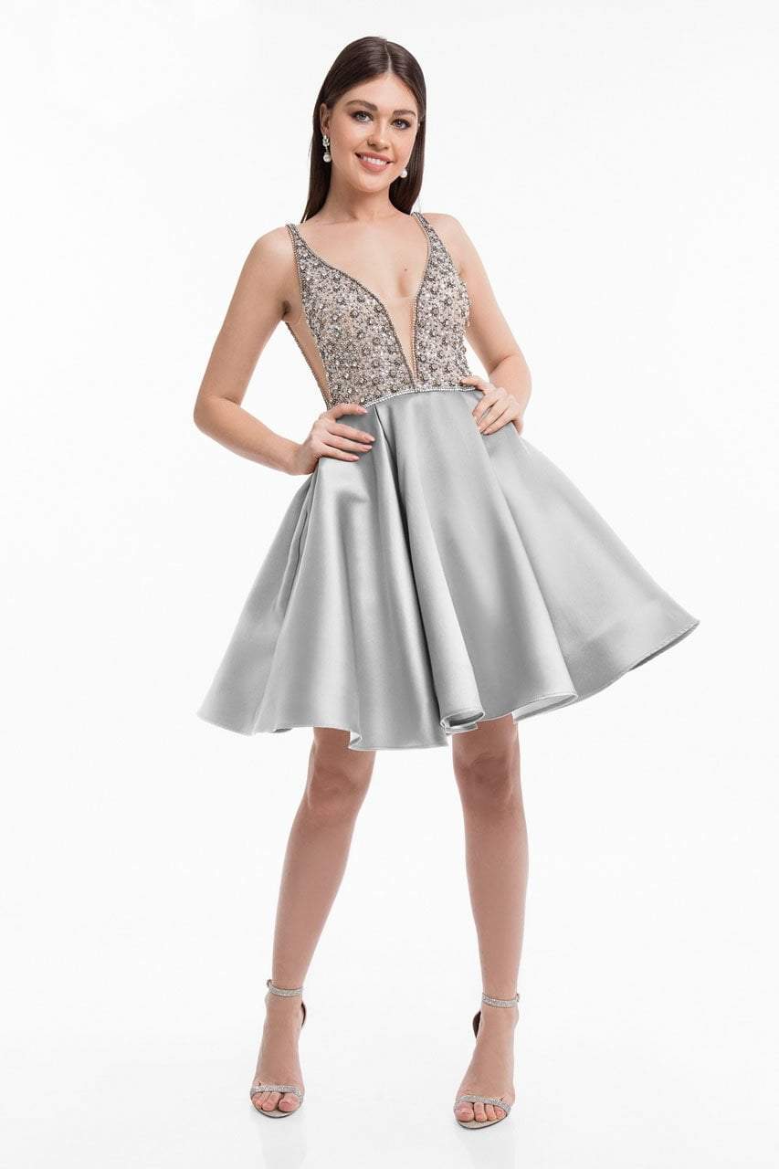 Terani Couture - 1821H7771 Crystal Beaded Bodice Short Party Dress Special Occasion Dress 00 / Silver Crystal