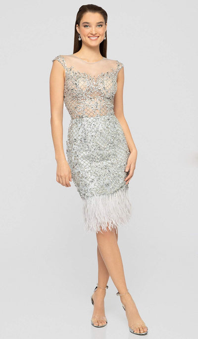 Terani Couture - 1911C9024 Embellished Illusion Jewel Feathered Dress Special Occasion Dress 0 / Silver