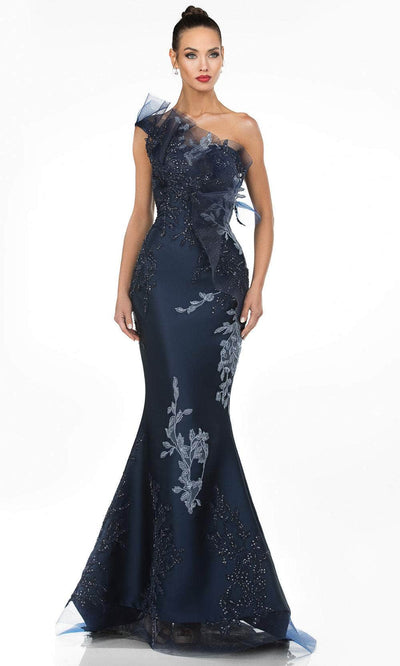 Terani Couture - 1911E9095 Embroidered Asymmetric Neck Mermaid Gown Evening Dresses 0 / Navy