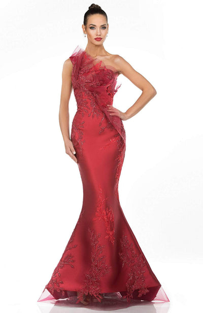 Terani Couture - 1911E9095 Embroidered Asymmetric Neck Mermaid Gown Evening Dresses 0 / Wine