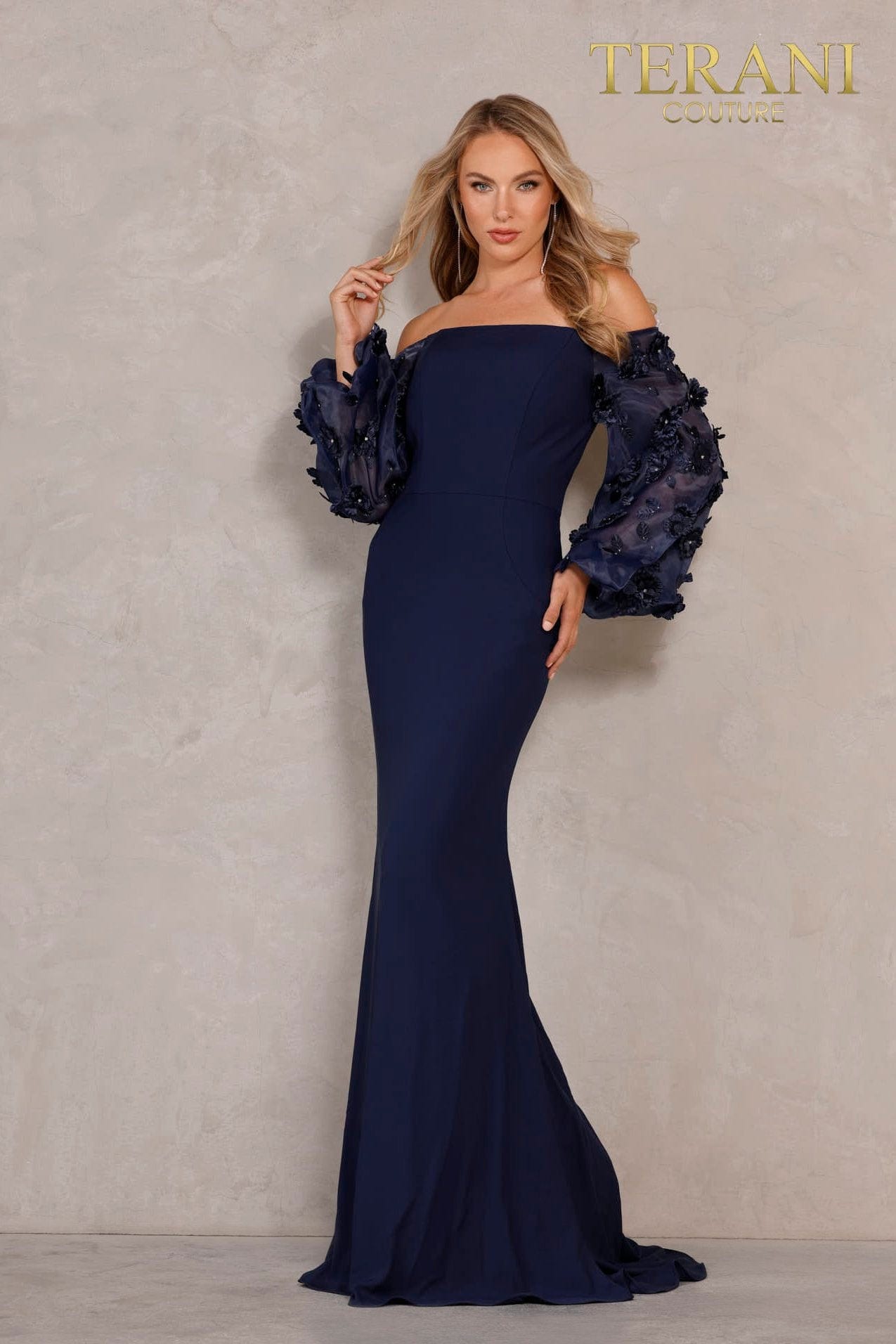 Terani Couture - 1911E9128 Offshoulder Floral Accent Puff Sleeves Gown Evening Dresses 0 / Navy