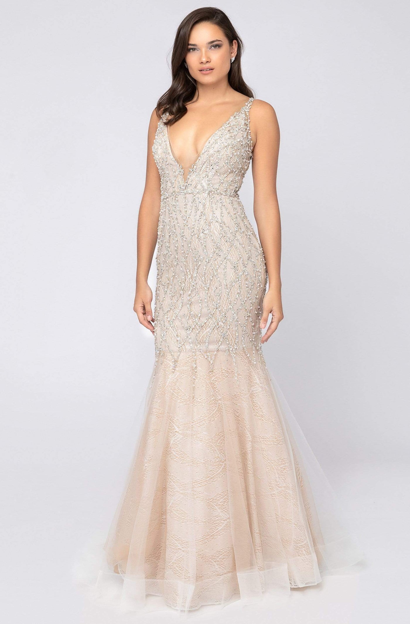 Terani Couture - 1911P8352 Beaded Deep V-neck Mermaid Dress Special Occasion Dress 0 / Ivory Nude