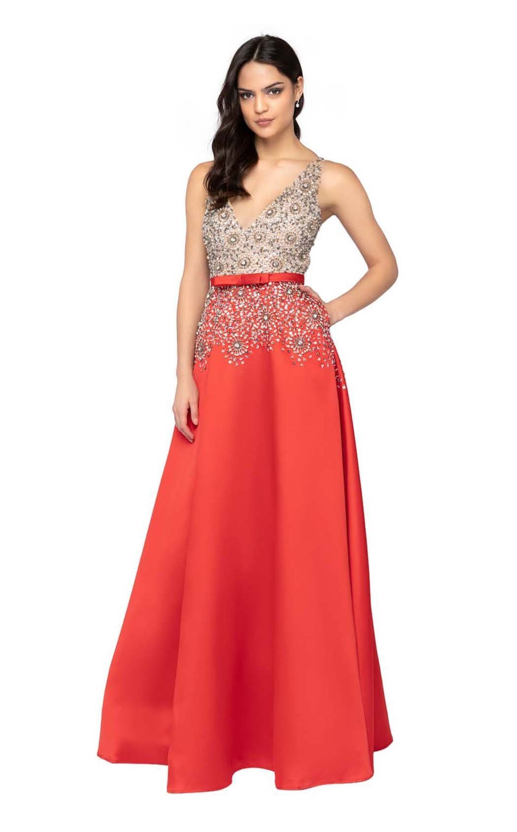 Terani Couture - 1911P8497 Beaded Plunging V-Neck A-Line Gown Evening Dresses 0 / Crystal Red