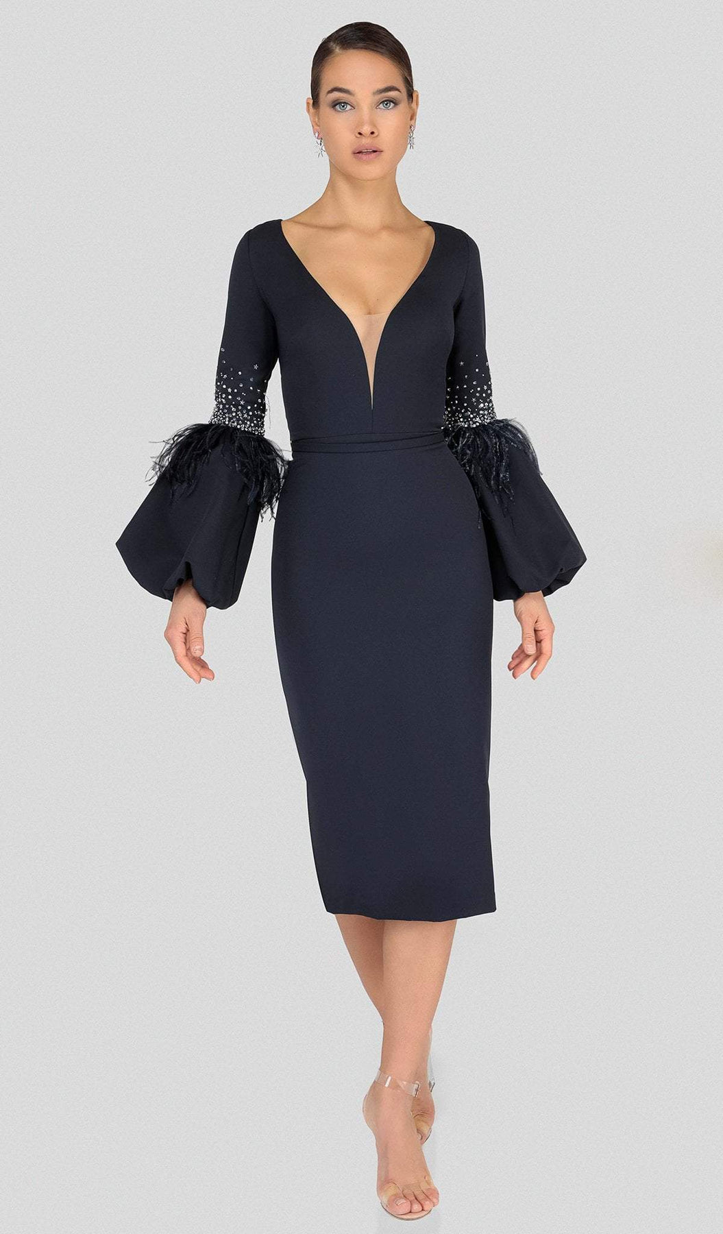 Terani Couture - 1912C9643 Feather-Fringe Sleeve Plunging Sheath Dress Mother of the Bride Dresses 0 / Navy