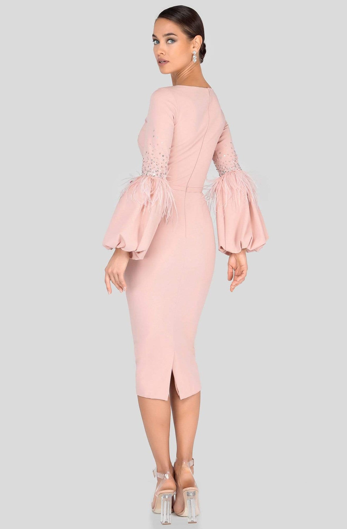 Terani Couture - 1912C9643 Feather-Fringe Sleeve Plunging Sheath Dress Mother of the Bride Dresses