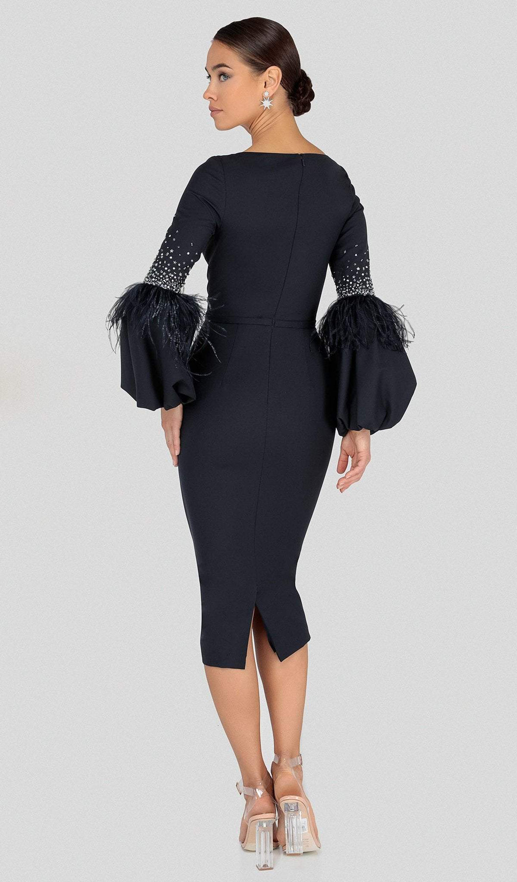 Terani Couture - 1912C9643 Feather-Fringe Sleeve Plunging Sheath Dress Mother of the Bride Dresses