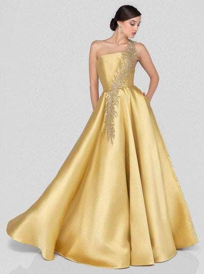 Terani Couture - 1912E9202 Embellished Straight Across Neck Long Gown CCSALE 4 / Gold