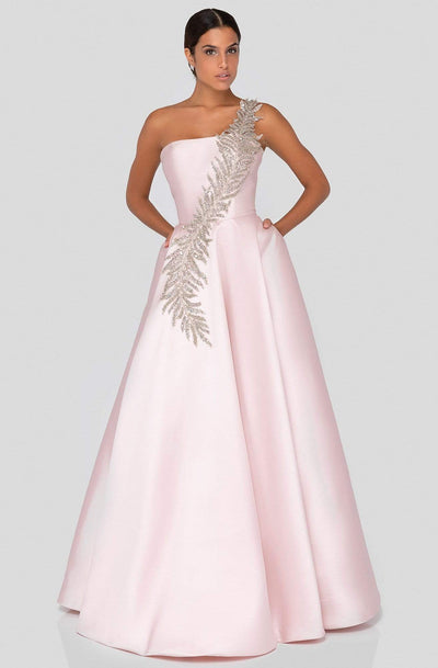 Terani Couture - 1912E9202 One Shoulder Dazzling Fern Accent Gown Evening Dresses 0 / Blush