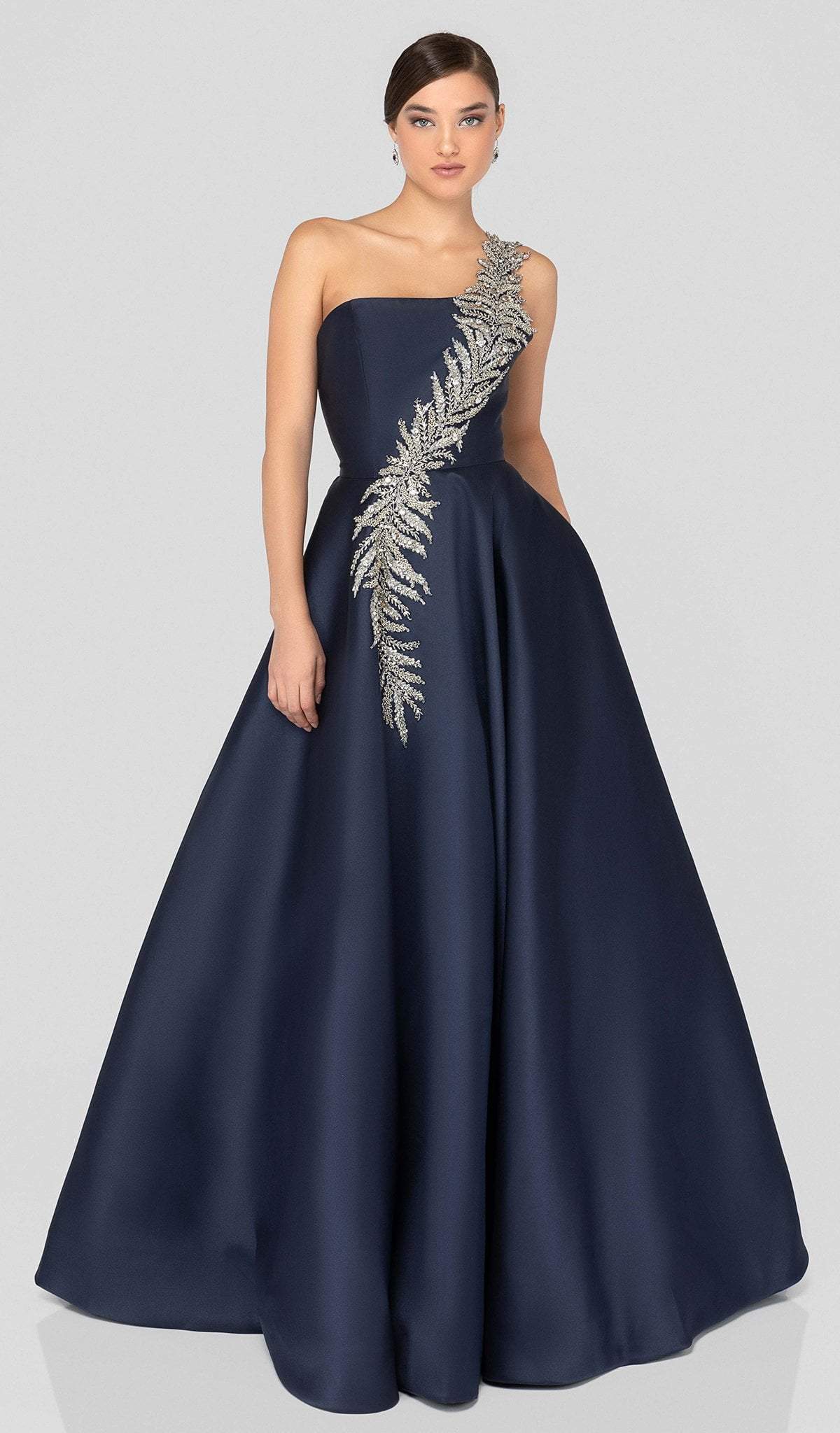 Terani Couture - 1912E9202 One Shoulder Dazzling Fern Accent Gown Evening Dresses 0 / Navy