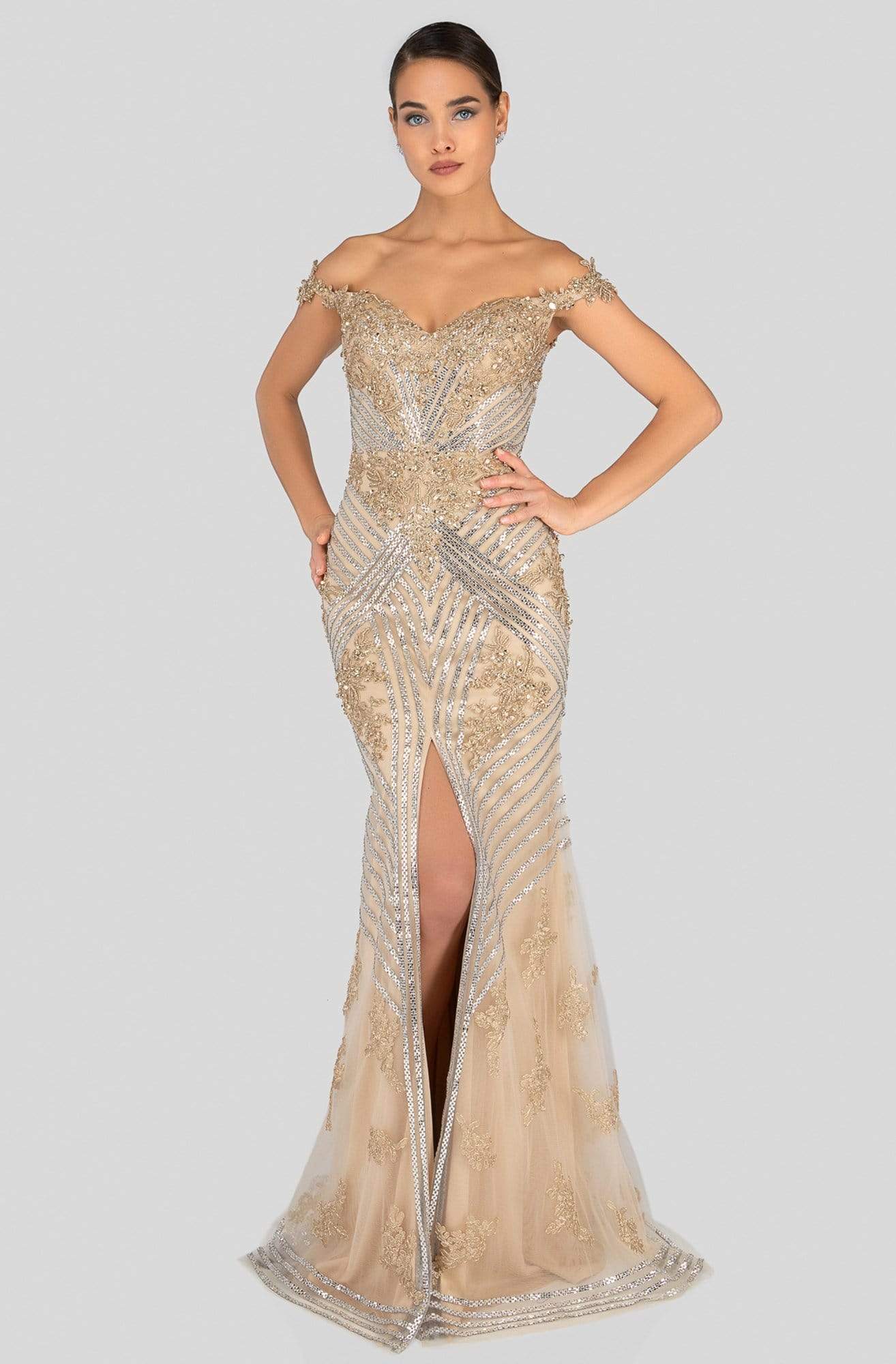 Terani Couture - 1912GL9572 Sparkling Off Shoulder Slit Evening Gown Evening Dresses 0 / Gold