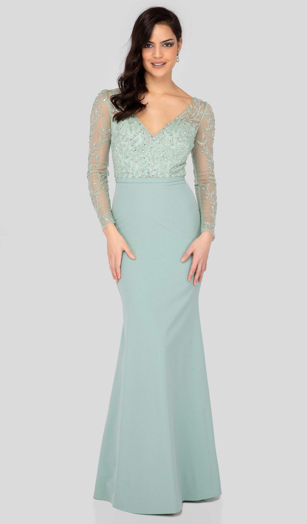 Terani Couture - 1912M9352 Trailing Foliage Illusion Trumpet Gown Special Occasion Dress 0 / Sage