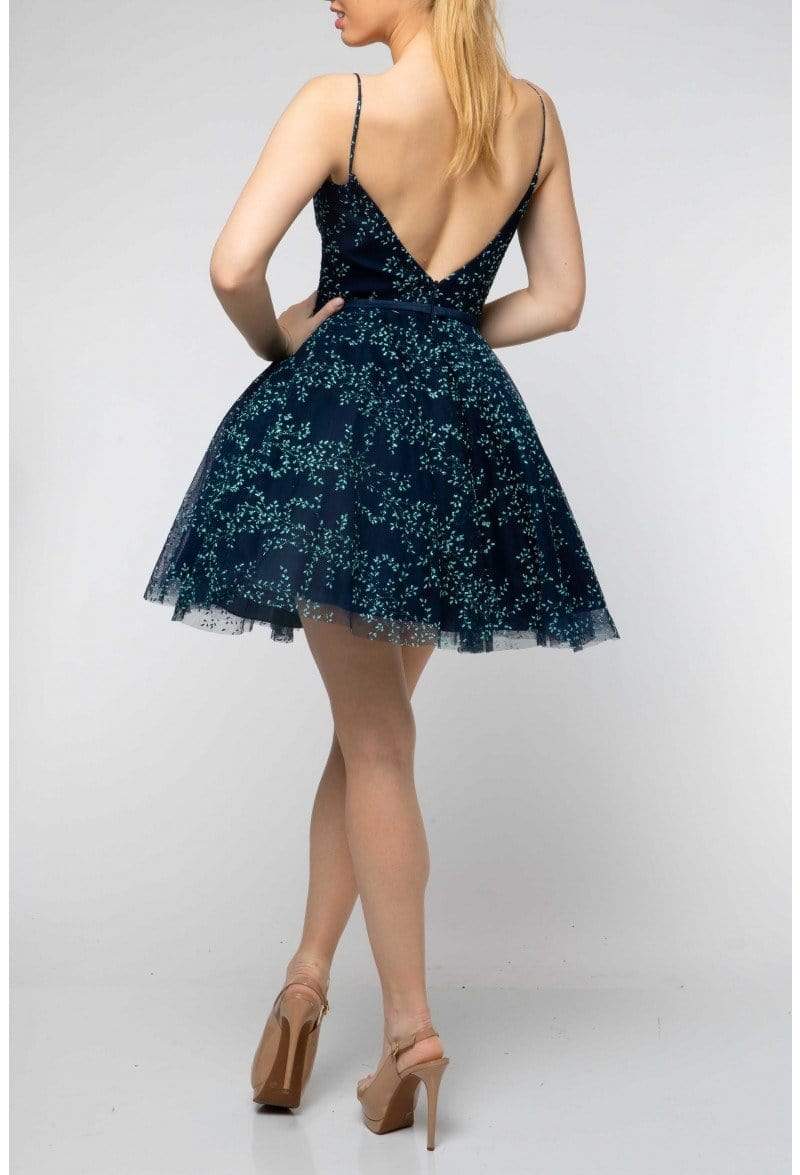 Terani Couture - 1912P8083 Leafy V Neck A-Line Cocktail Dress Homecoming Dresses