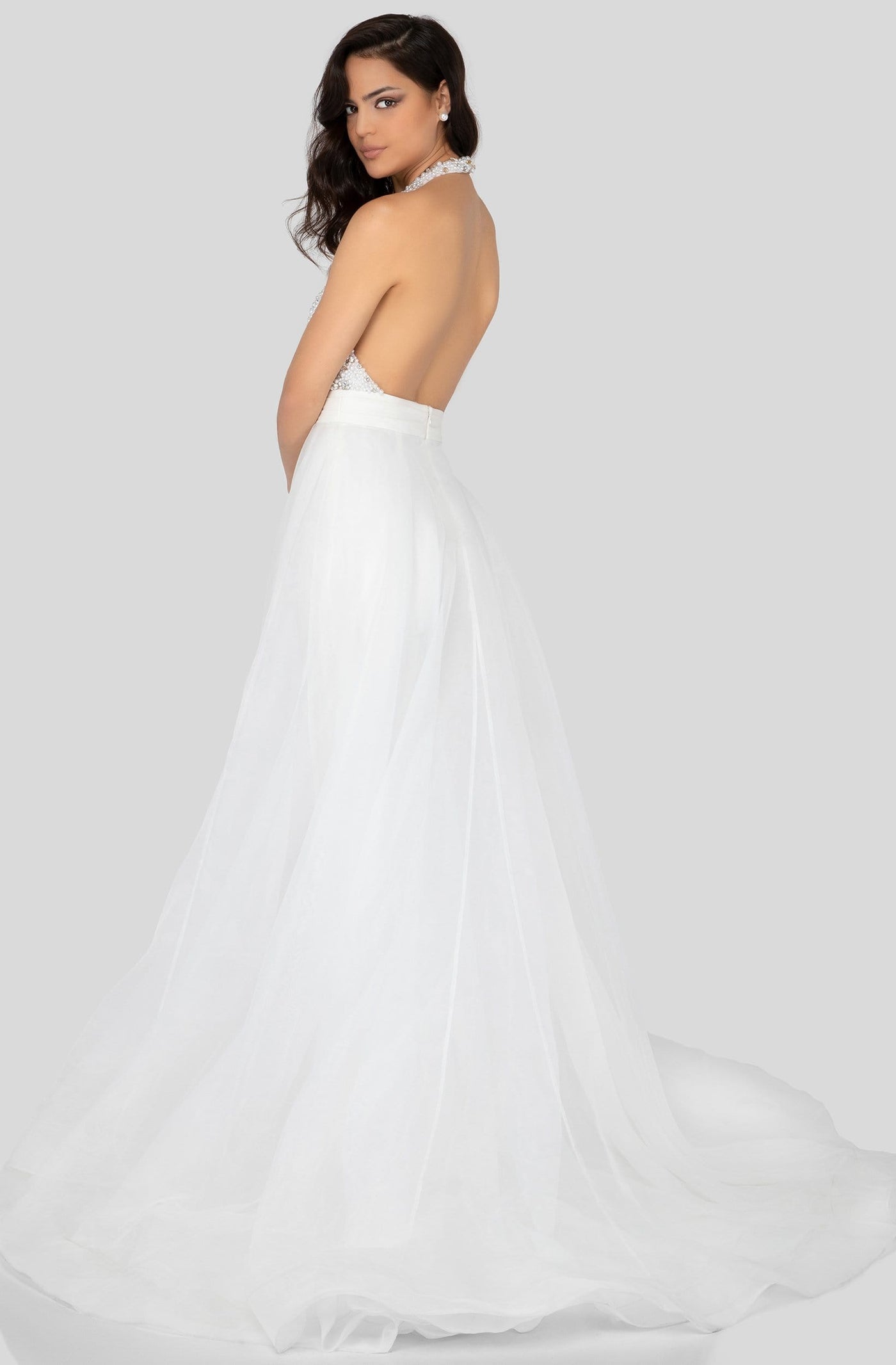 Terani Couture - 1912P8208 Beaded Plunge Sheer Overskirt Jumpsuit Prom Dresses