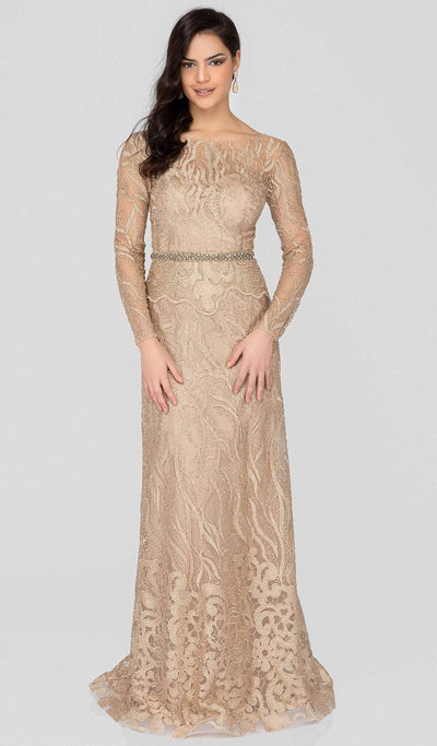 Terani Couture - 1913E9229 Embellished Lace Long Sleeve A-line Dress Special Occasion Dress 0 / Gold Nude