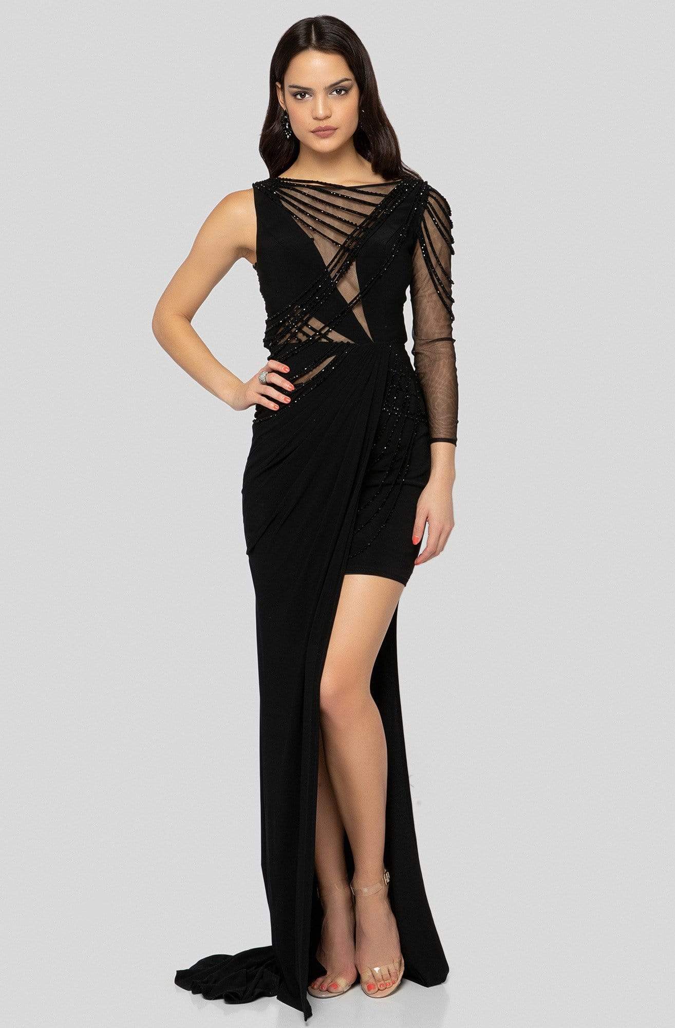 Terani Couture - 1913P8392 Embellished Bateau Sheath Dress With Train Prom Dresses 0 / Black