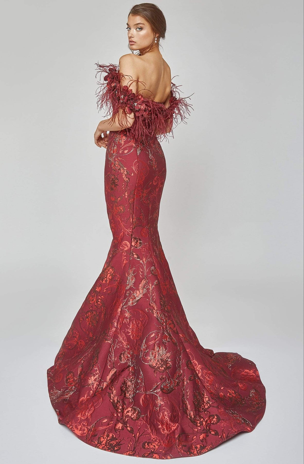 Terani Couture - 1921E0136 Feather Off Shoulder Mermaid Evening Gown Evening Dresses