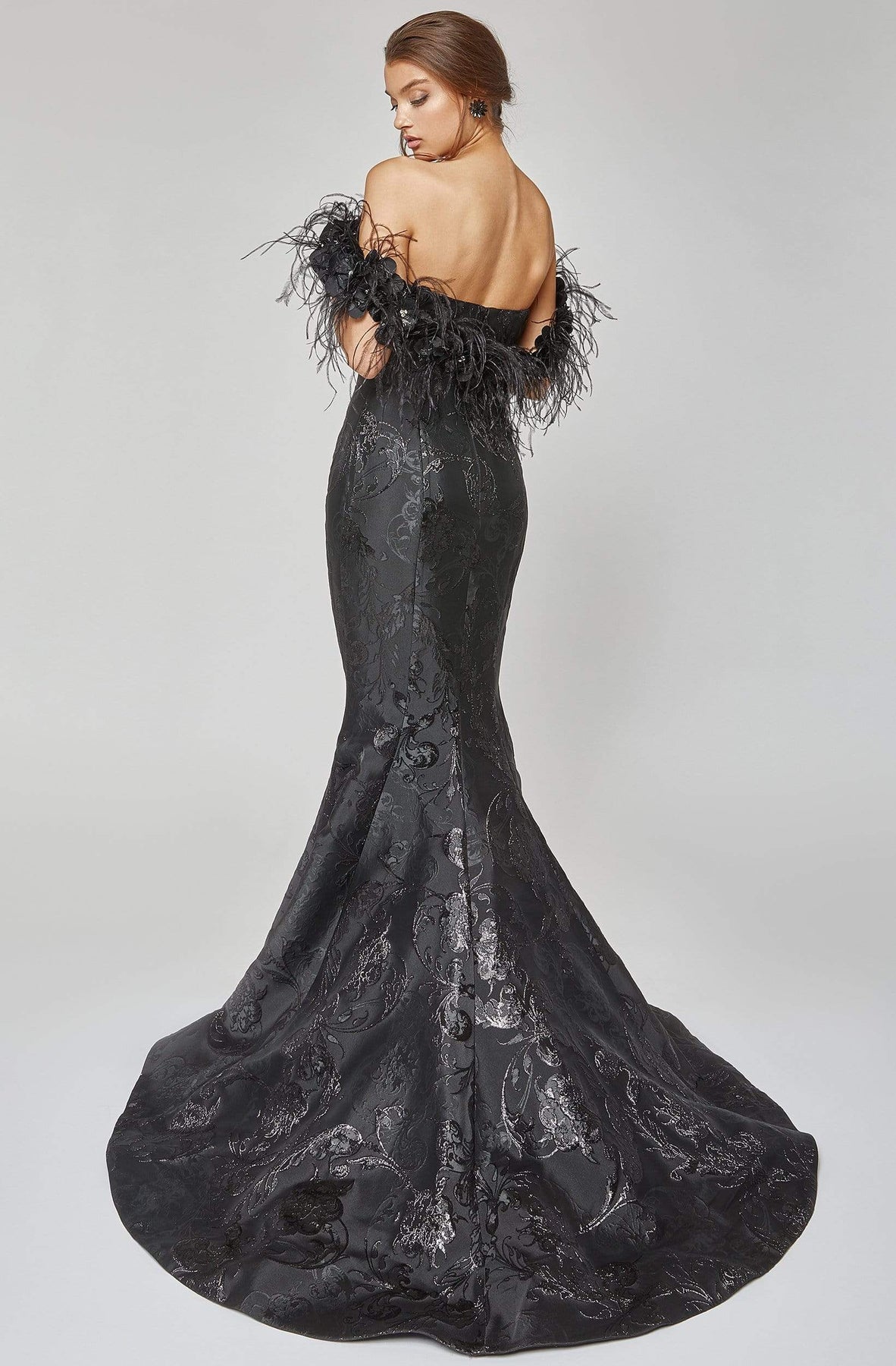 Terani Couture - 1921E0136 Feather Off Shoulder Mermaid Evening Gown Evening Dresses