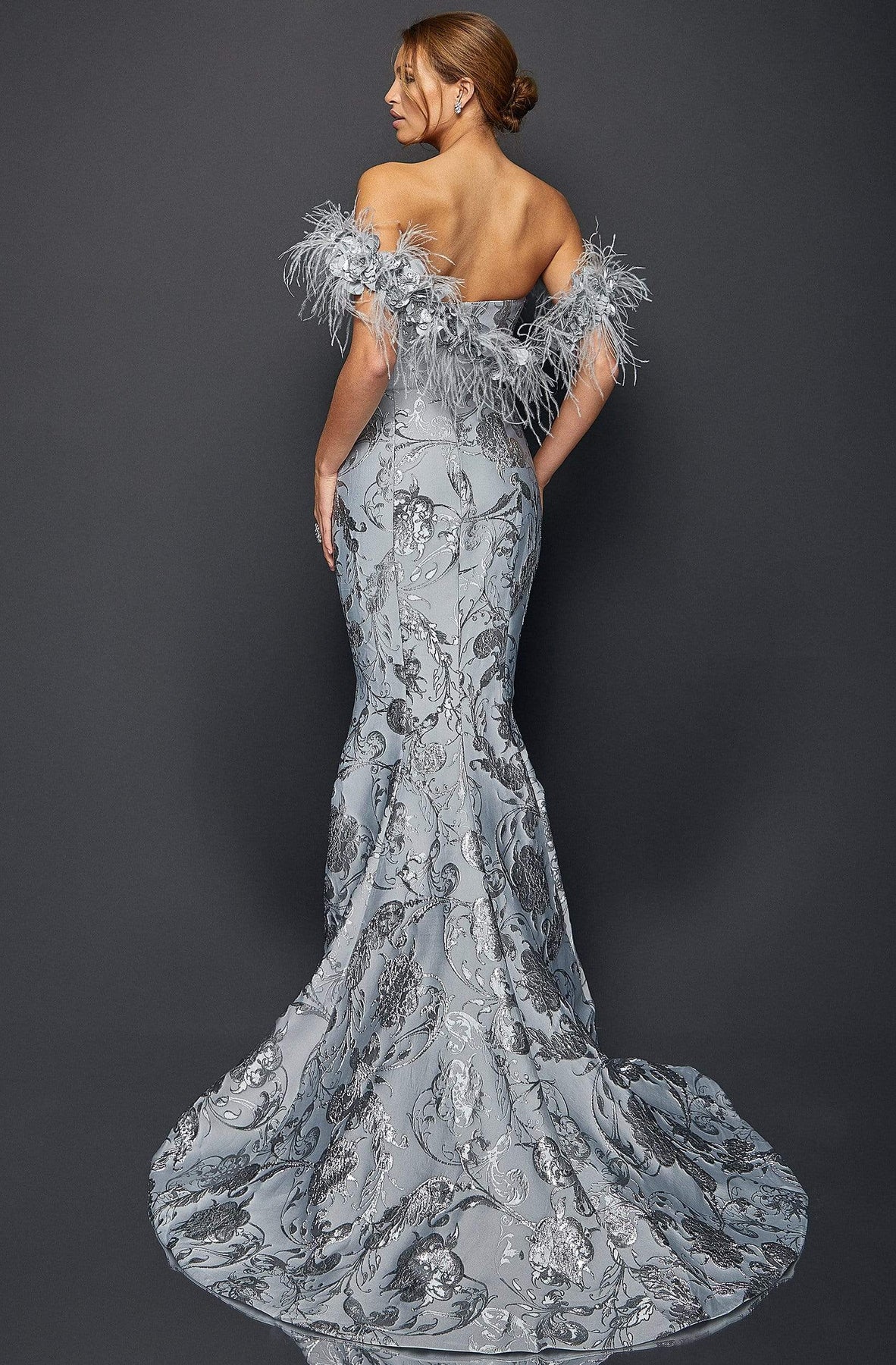 Terani Couture - 1921E0136 Feather Off Shoulder Mermaid Evening Gown Evening Dresses