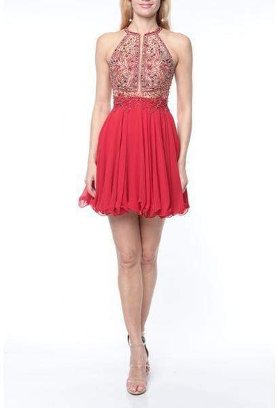 Terani Couture - 1921H0407 Floral Beaded Halter Short A-Line Dress Homecoming Dresses 0 / Red Nude